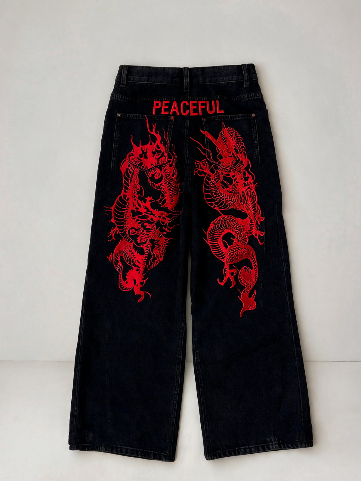 Skylar | Men's Dragon Embroidered Baggy Jeans | Wide Leg High Waist Full Length for Everyday Wear