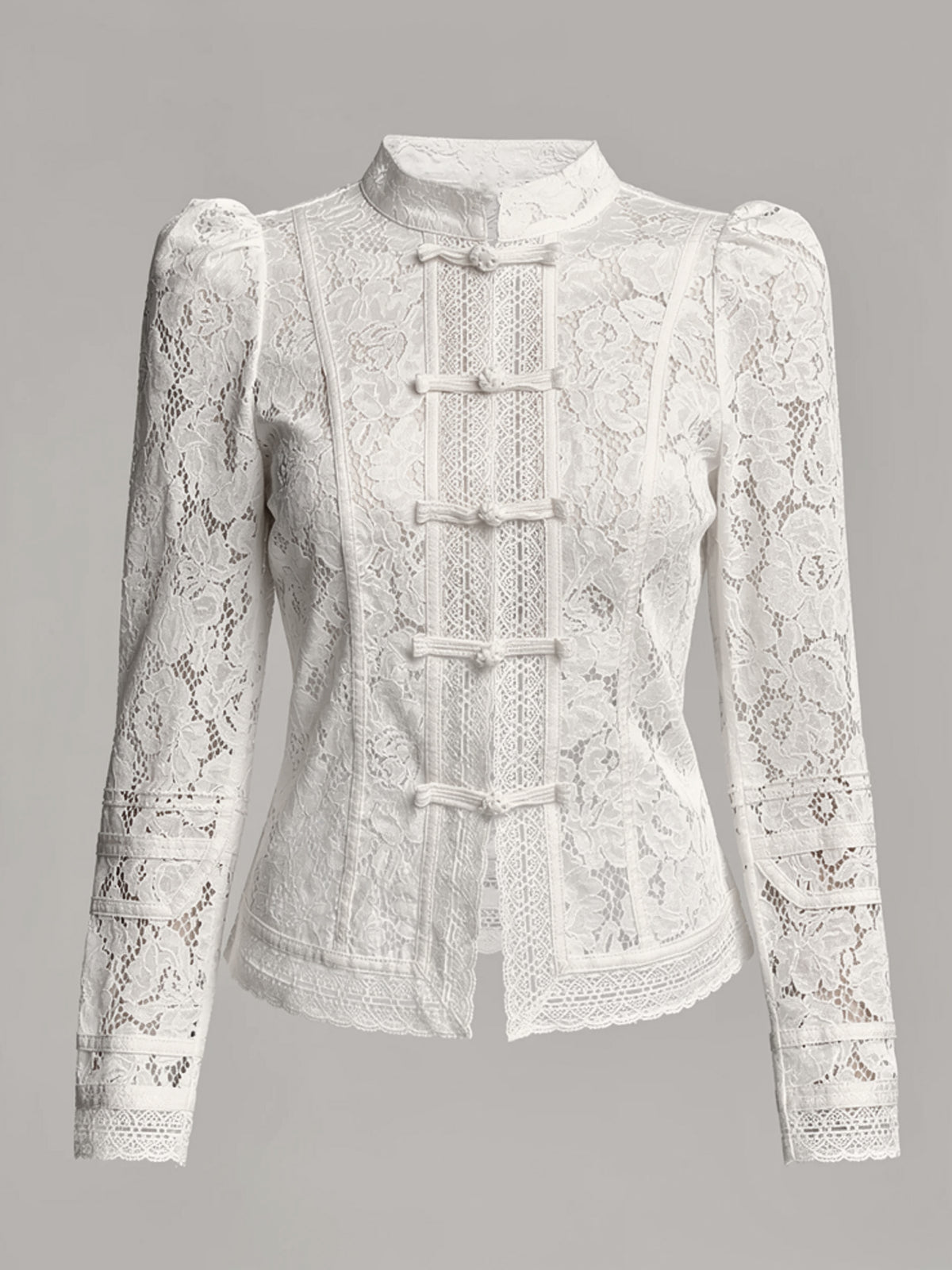 Nora | Women's White Floral Lace Blouse | Button Front Band Collar Long Sleeve Top for Occasion Wear