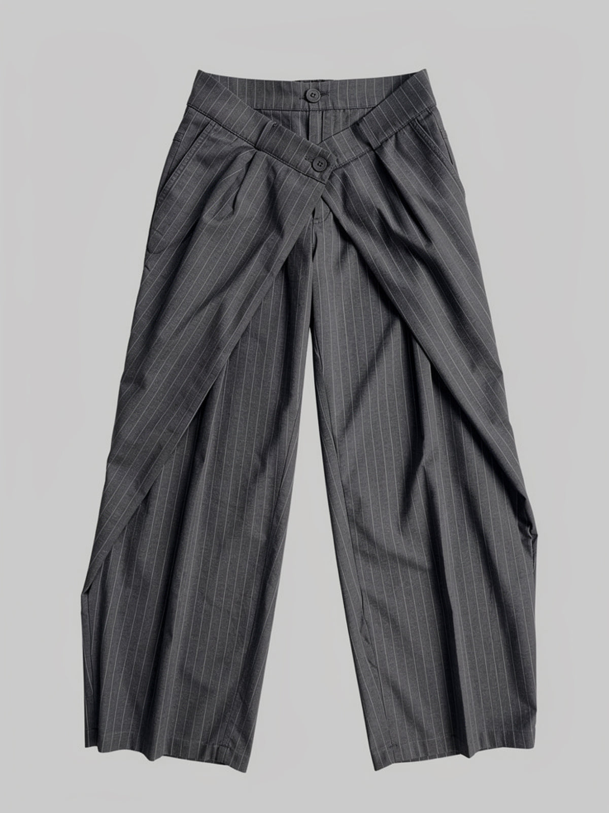Harlow | Women's Gray Pinstripe Wide Leg Pants | Layered Front Panels Button Fastening Full Length for Everyday Wear
