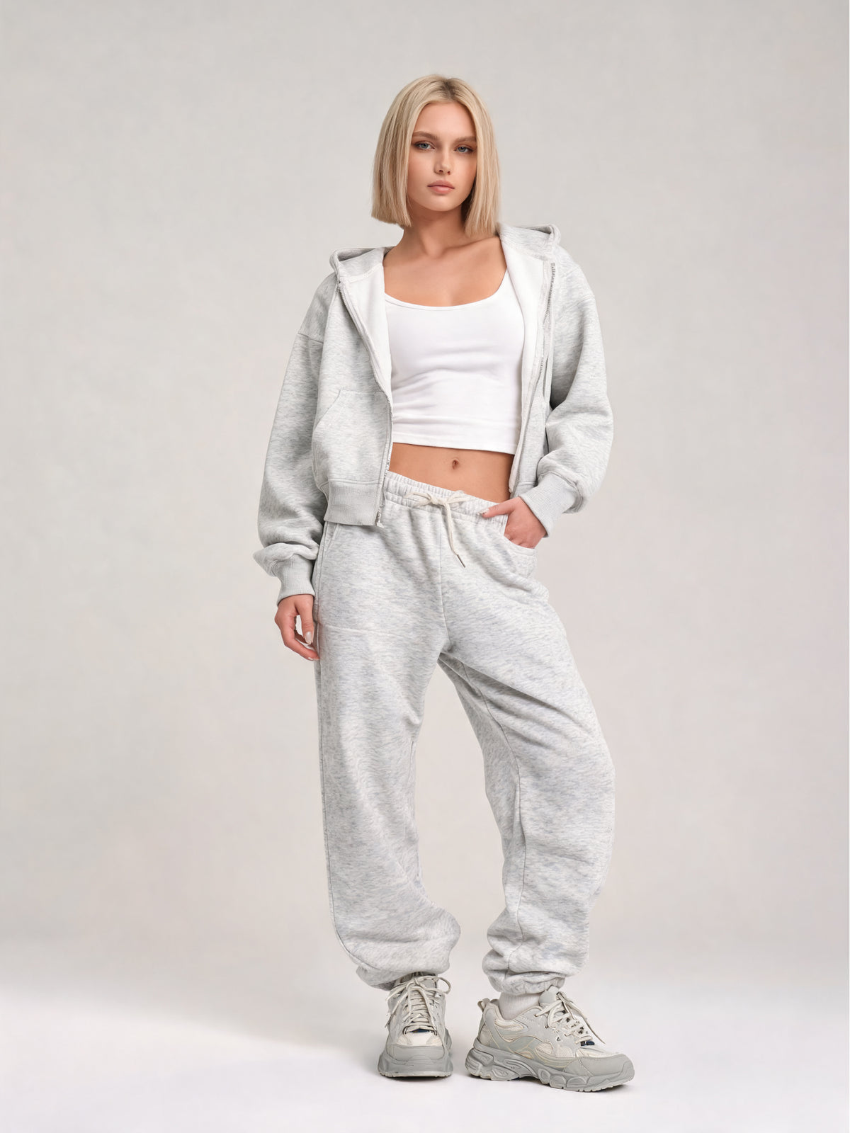 Aubrey | Women's Heather Gray Sweatsuit Set | Zip Front Hoodie Drawstring Joggers for Everyday Wear