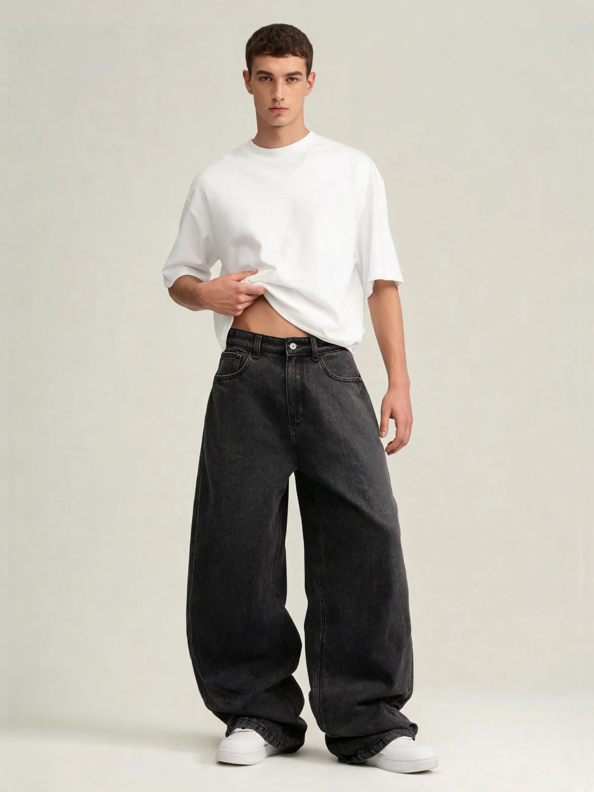Avery | Men's Black Baggy Wide Leg Jeans | Button Zip Fly Slanted Pockets for Everyday Wear