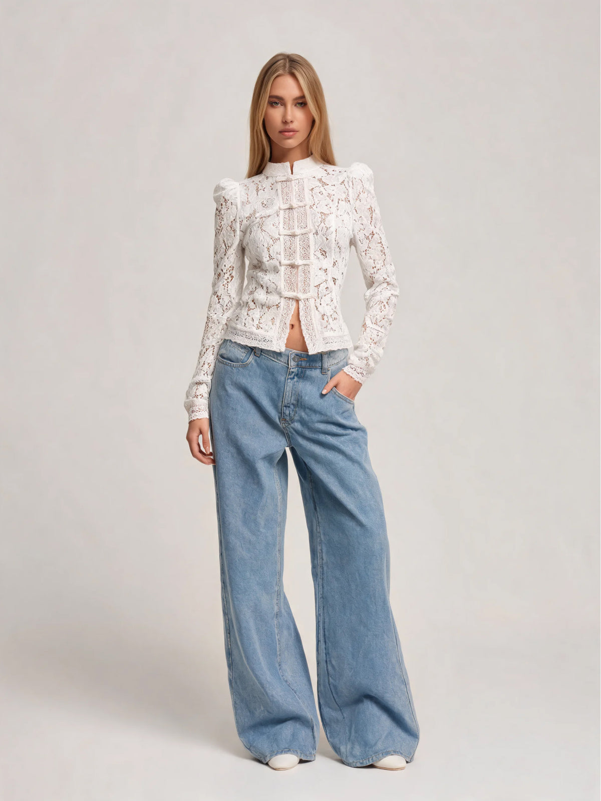Nora | Women's White Floral Lace Blouse | Button Front Band Collar Long Sleeve Top for Occasion Wear