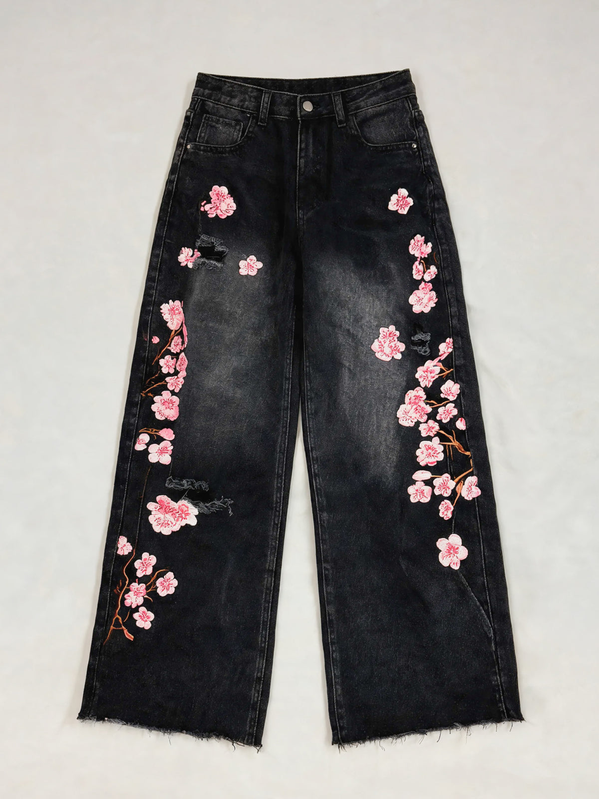 Tessa | Women's Floral Embroidered Baggy Jeans | Wide Leg Frayed Hem Full Length for Everyday Wear