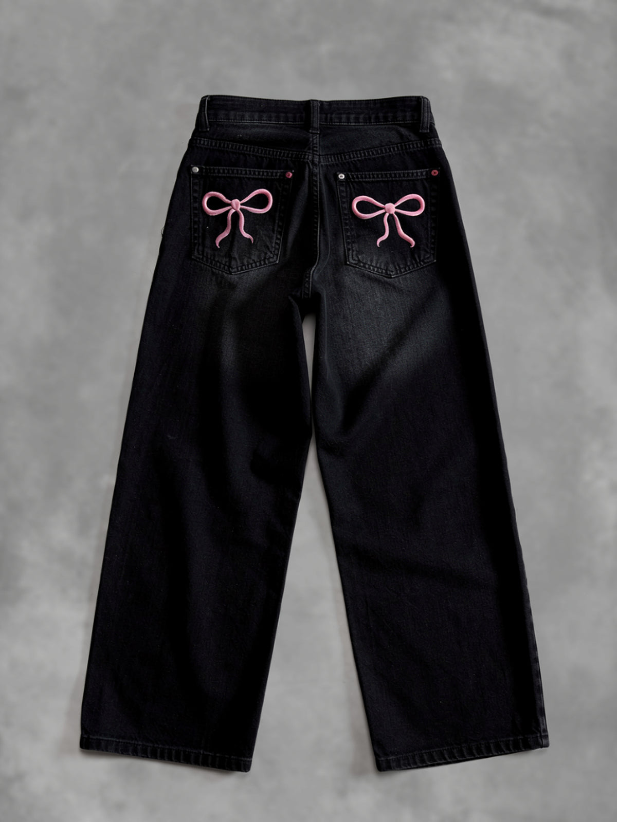 Blair | Women's Bow Embroidered Baggy Jeans | Wide Leg Patch Back Pockets Full Length for Everyday Wear