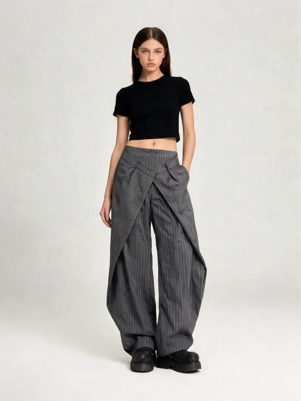 Harlow | Women's Gray Pinstripe Wide Leg Pants | Layered Front Panels Button Fastening Full Length for Everyday Wear