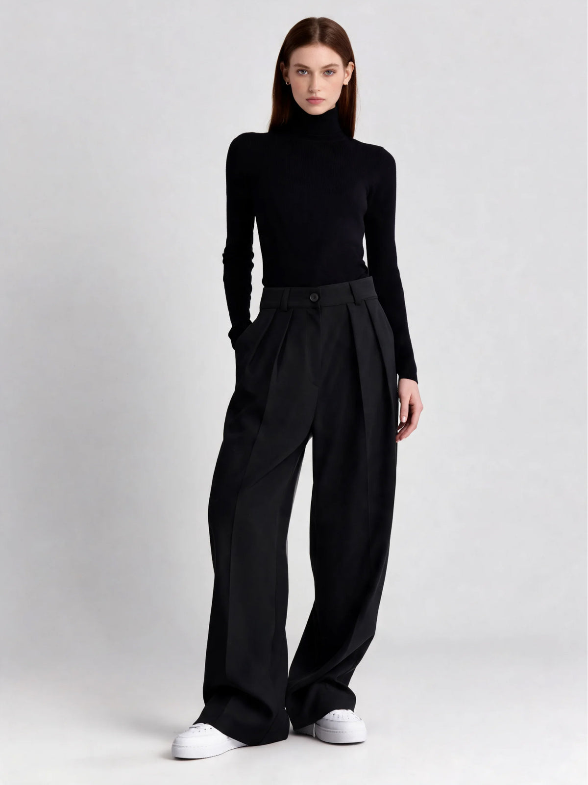 Presley | Women's Black Wide Leg Pants | Button Fly Front Pleats Full Length for Office and Everyday Wear