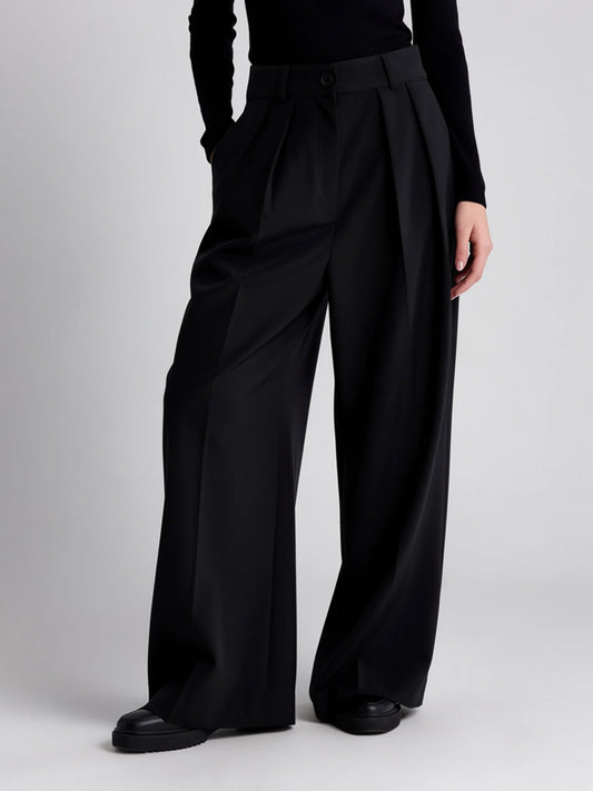 Presley | Women's Black Wide Leg Pants | Button Fly Front Pleats Full Length for Office and Everyday Wear