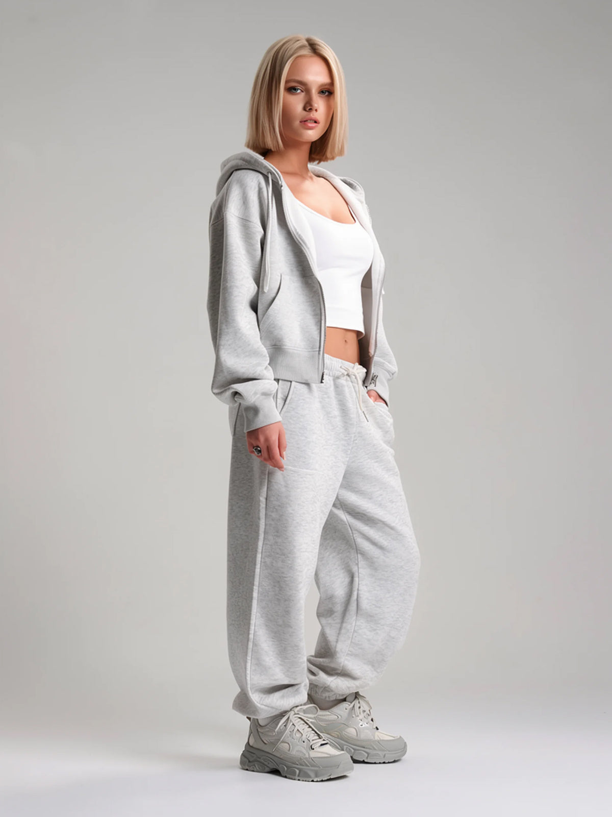 Aubrey | Women's Heather Gray Sweatsuit Set | Zip Front Hoodie Drawstring Joggers for Everyday Wear