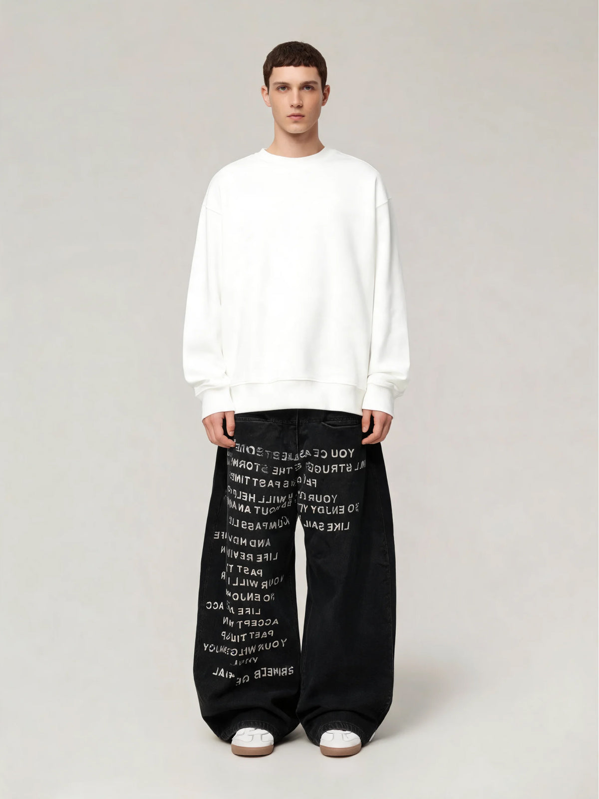 Quinn | Men's Letter Print Baggy Jeans | Wide Leg Belt Loops Full Length for Everyday Wear