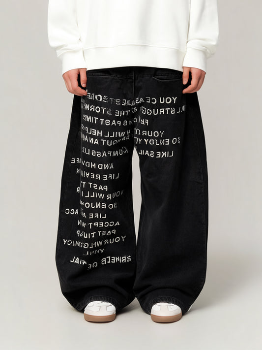 Quinn | Men's Letter Print Baggy Jeans | Wide Leg Belt Loops Full Length for Everyday Wear