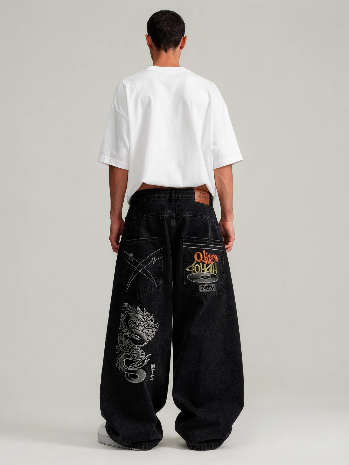 Sloane | Men's Dragon Print Baggy Jeans | Wide Leg Belt Loops Full Length for Everyday Wear
