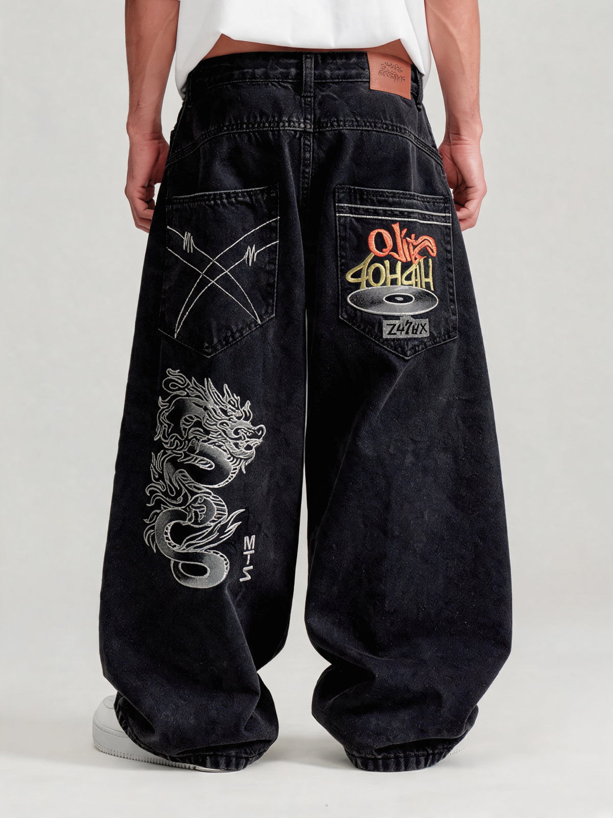 Sloane | Men's Dragon Print Baggy Jeans | Wide Leg Belt Loops Full Length for Everyday Wear