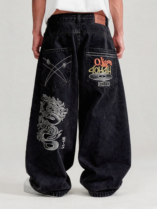 Sloane | Men's Dragon Print Baggy Jeans | Wide Leg Belt Loops Full Length for Everyday Wear
