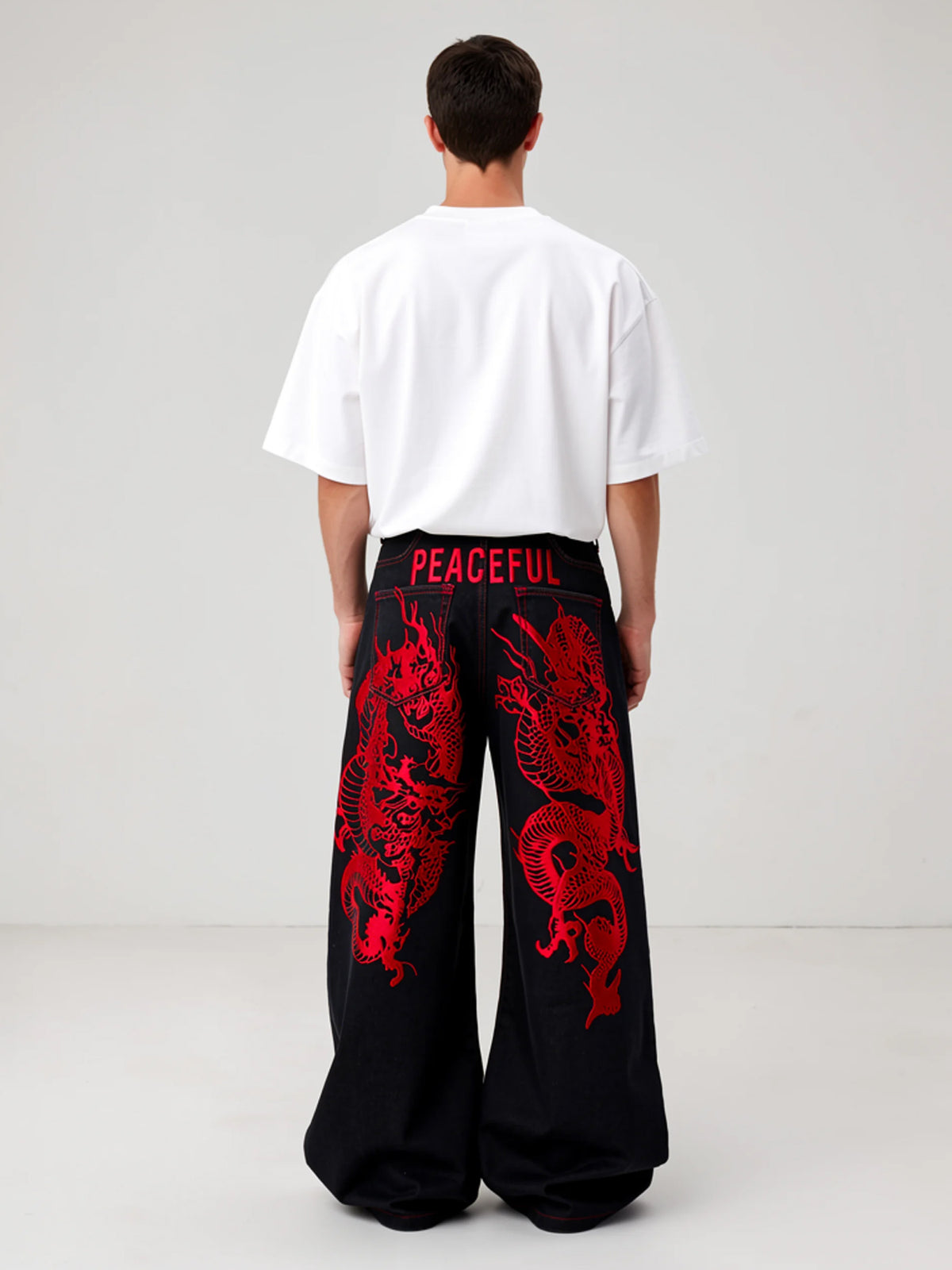 Skylar | Men's Dragon Embroidered Baggy Jeans | Wide Leg High Waist Full Length for Everyday Wear