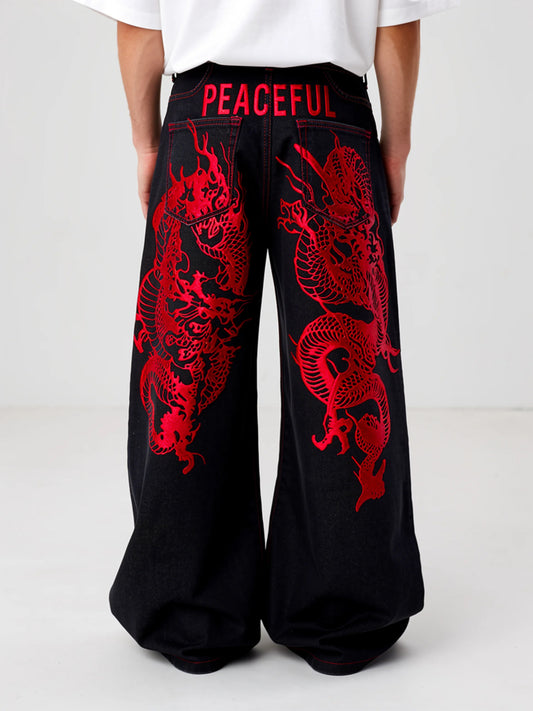 Skylar | Men's Dragon Embroidered Baggy Jeans | Wide Leg High Waist Full Length for Everyday Wear