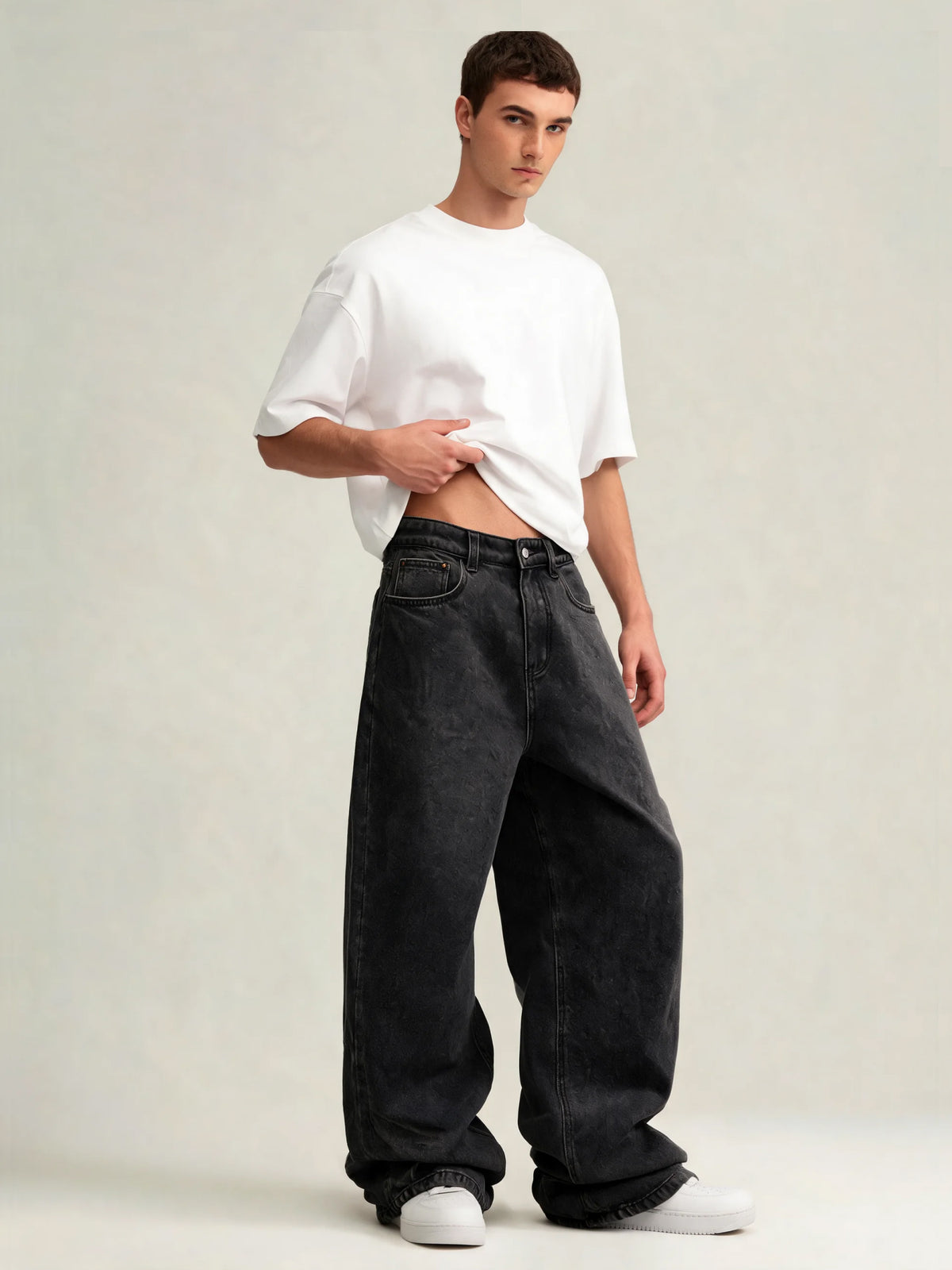 Avery | Men's Black Baggy Wide Leg Jeans | Button Zip Fly Slanted Pockets for Everyday Wear