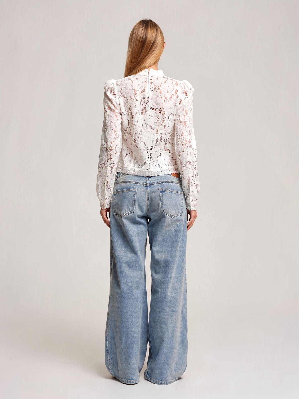Nora | Women's White Floral Lace Blouse | Button Front Band Collar Long Sleeve Top for Occasion Wear