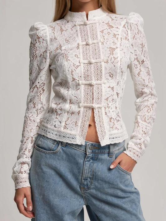 Nora | Women's White Floral Lace Blouse | Button Front Band Collar Long Sleeve Top for Occasion Wear