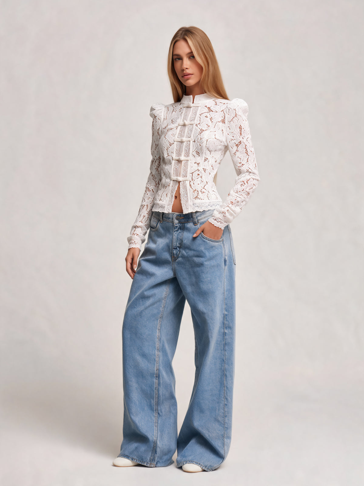 Nora | Women's White Floral Lace Blouse | Button Front Band Collar Long Sleeve Top for Occasion Wear