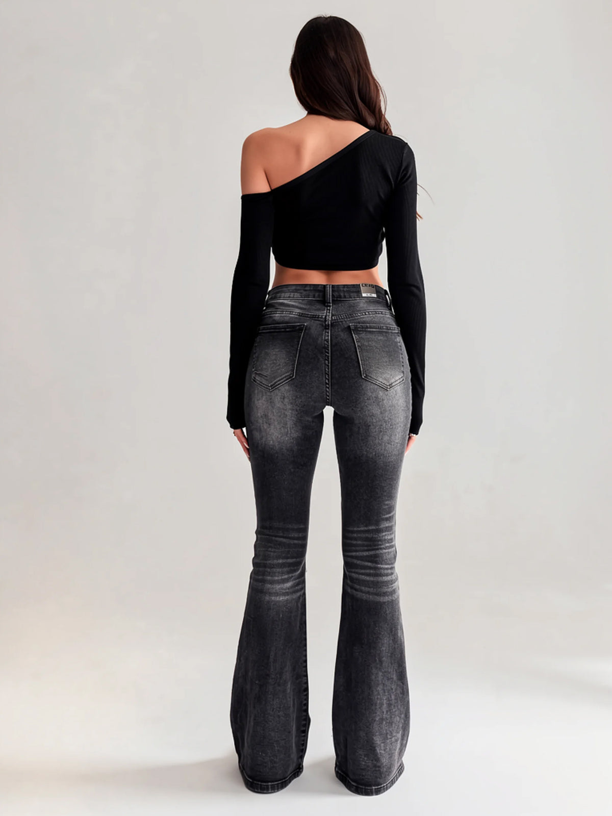 Marlowe | Women's Washed Black Flare Jeans | Button Zip Fly Slanted Pockets for Everyday Wear