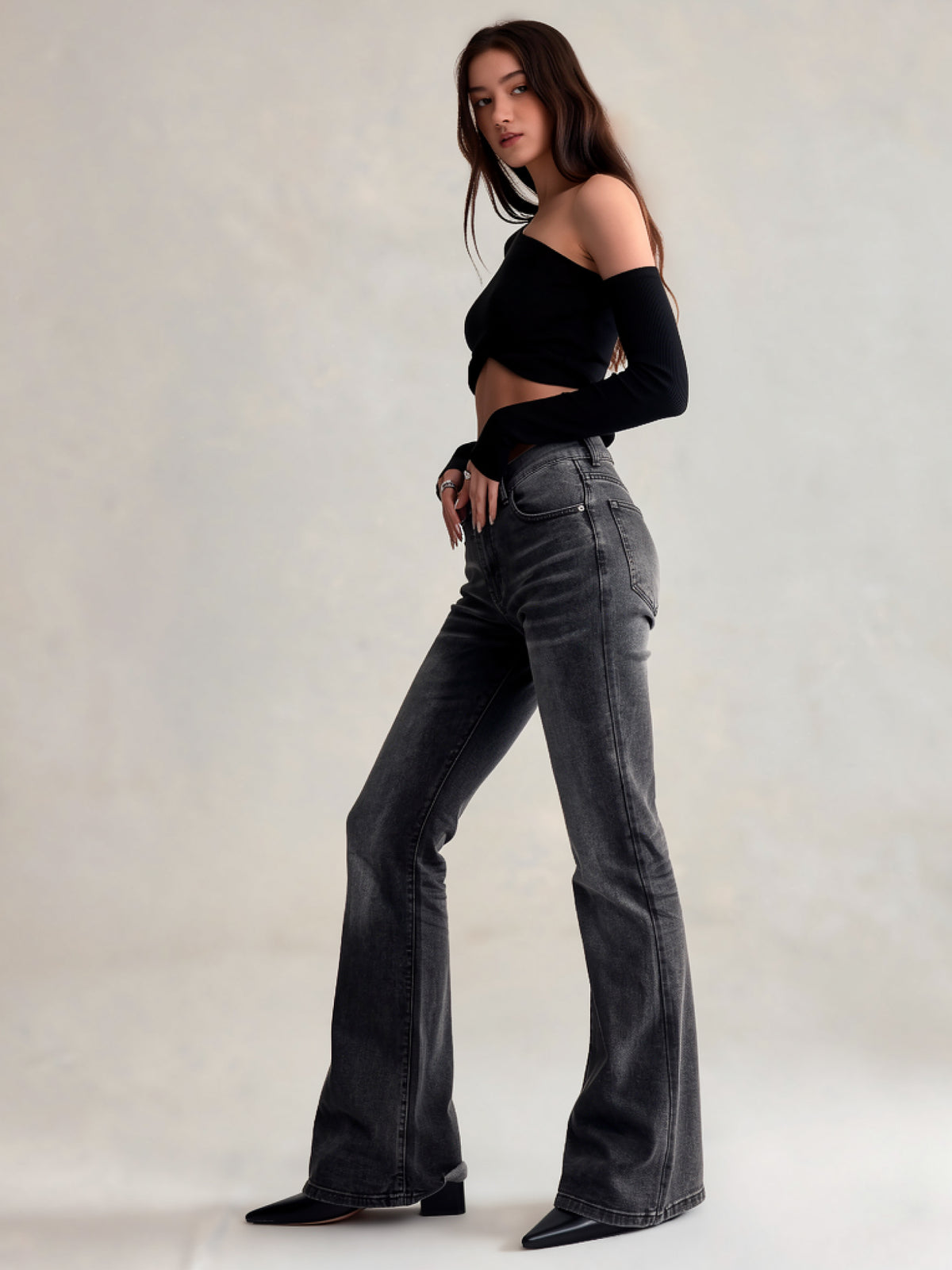 Marlowe | Women's Washed Black Flare Jeans | Button Zip Fly Slanted Pockets for Everyday Wear