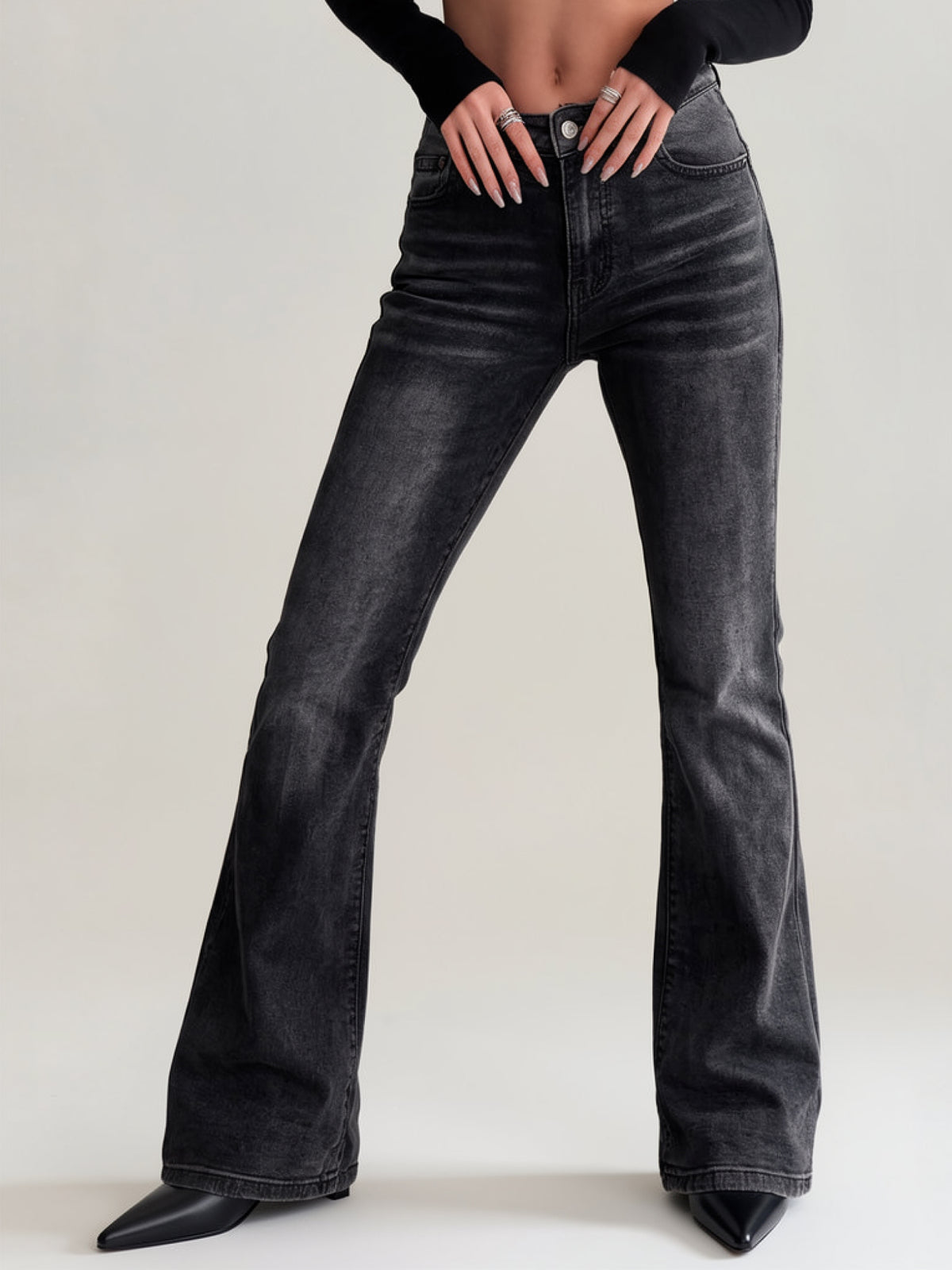 Marlowe | Women's Washed Black Flare Jeans | Button Zip Fly Slanted Pockets for Everyday Wear