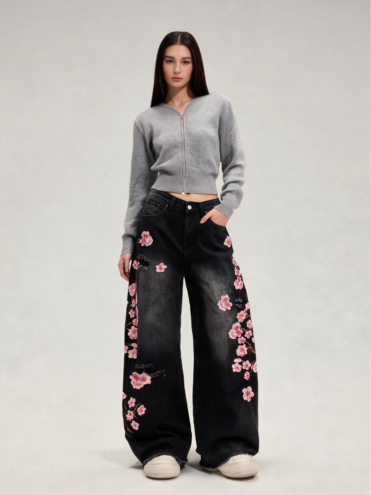Tessa | Women's Floral Embroidered Baggy Jeans | Wide Leg Frayed Hem Full Length for Everyday Wear