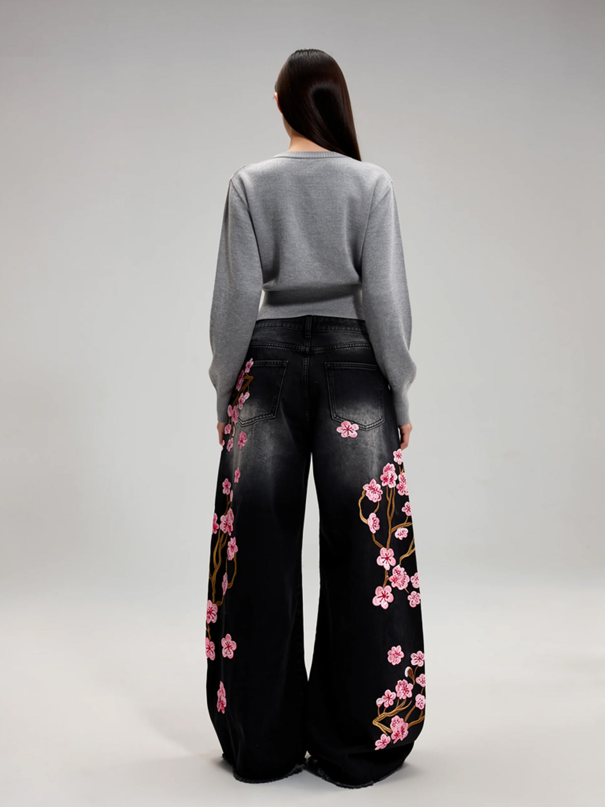 Tessa | Women's Floral Embroidered Baggy Jeans | Wide Leg Frayed Hem Full Length for Everyday Wear