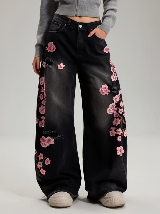 Tessa | Women's Floral Embroidered Baggy Jeans | Wide Leg Frayed Hem Full Length for Everyday Wear