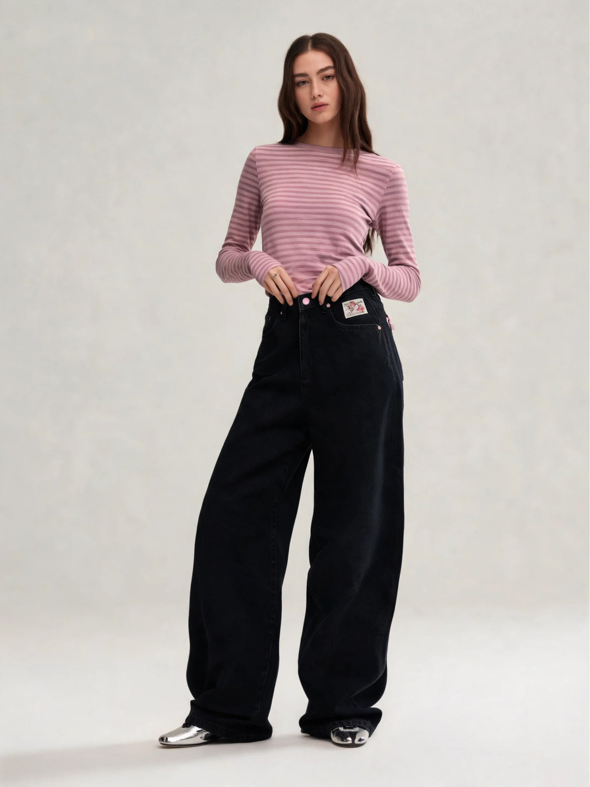 Blair | Women's Bow Embroidered Baggy Jeans | Wide Leg Patch Back Pockets Full Length for Everyday Wear