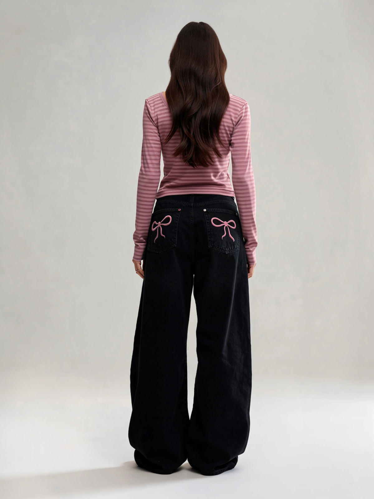 Blair | Women's Bow Embroidered Baggy Jeans | Wide Leg Patch Back Pockets Full Length for Everyday Wear