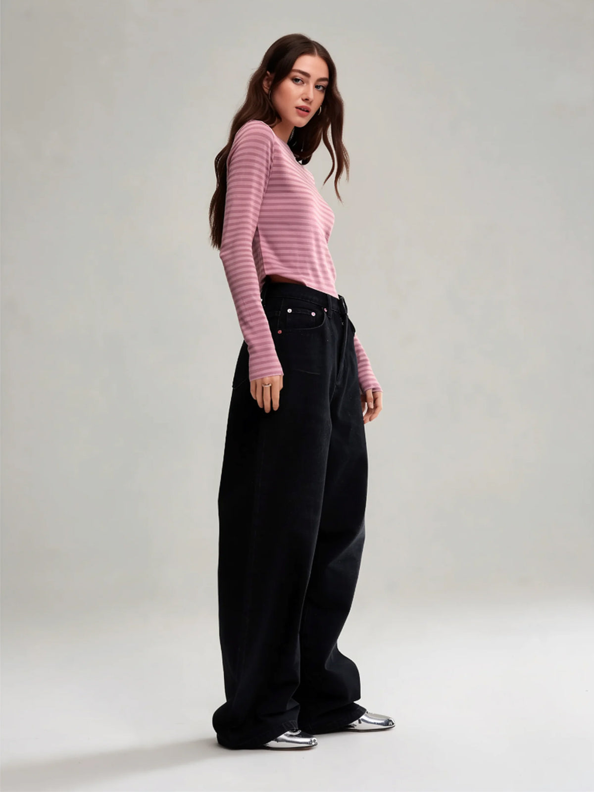 Blair | Women's Bow Embroidered Baggy Jeans | Wide Leg Patch Back Pockets Full Length for Everyday Wear