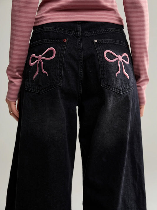 Blair | Women's Bow Embroidered Baggy Jeans | Wide Leg Patch Back Pockets Full Length for Everyday Wear