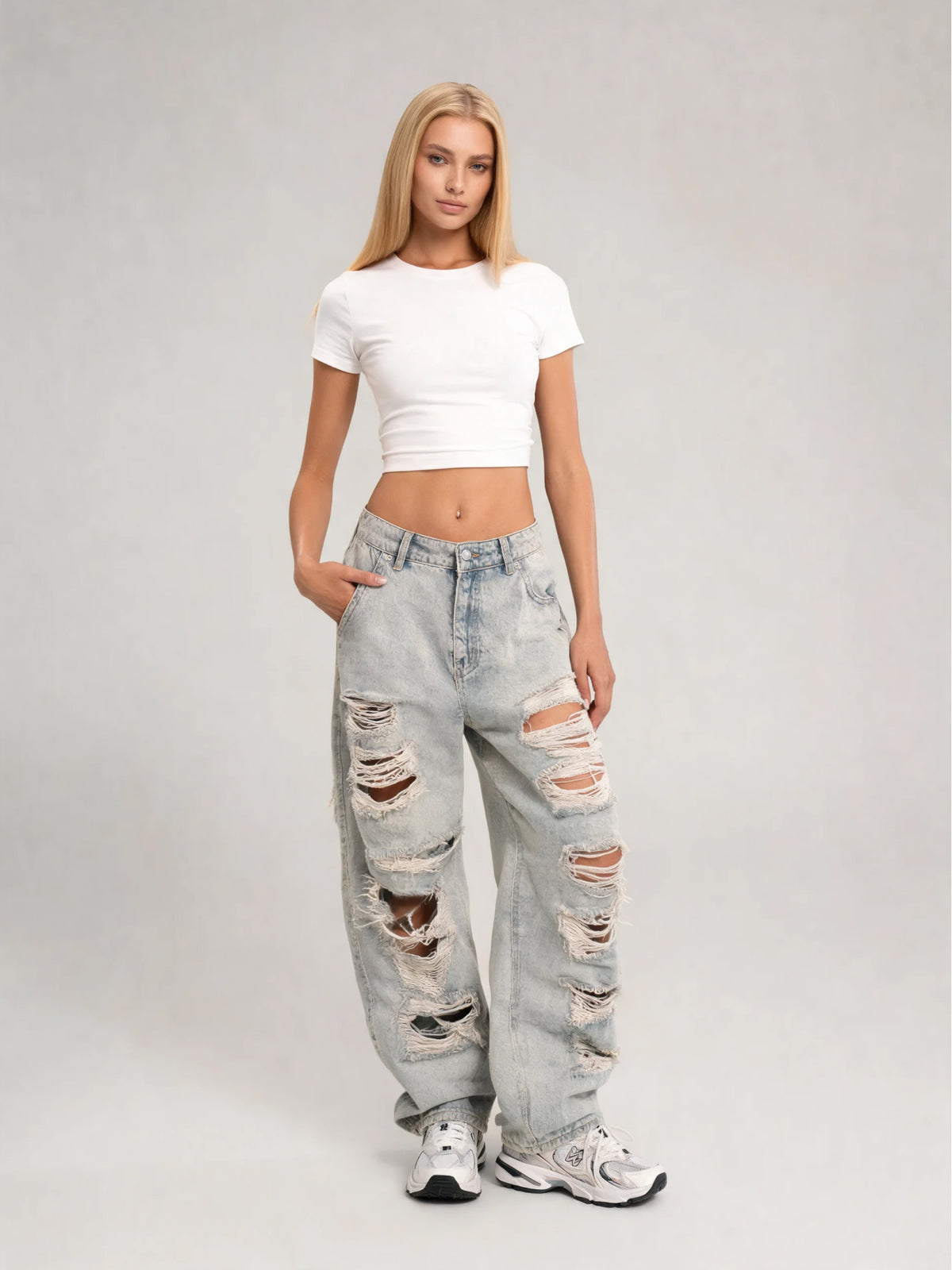 Riley | Women's Light Wash Ripped Jeans | Wide Leg Distressed Front Full Length for Everyday Wear