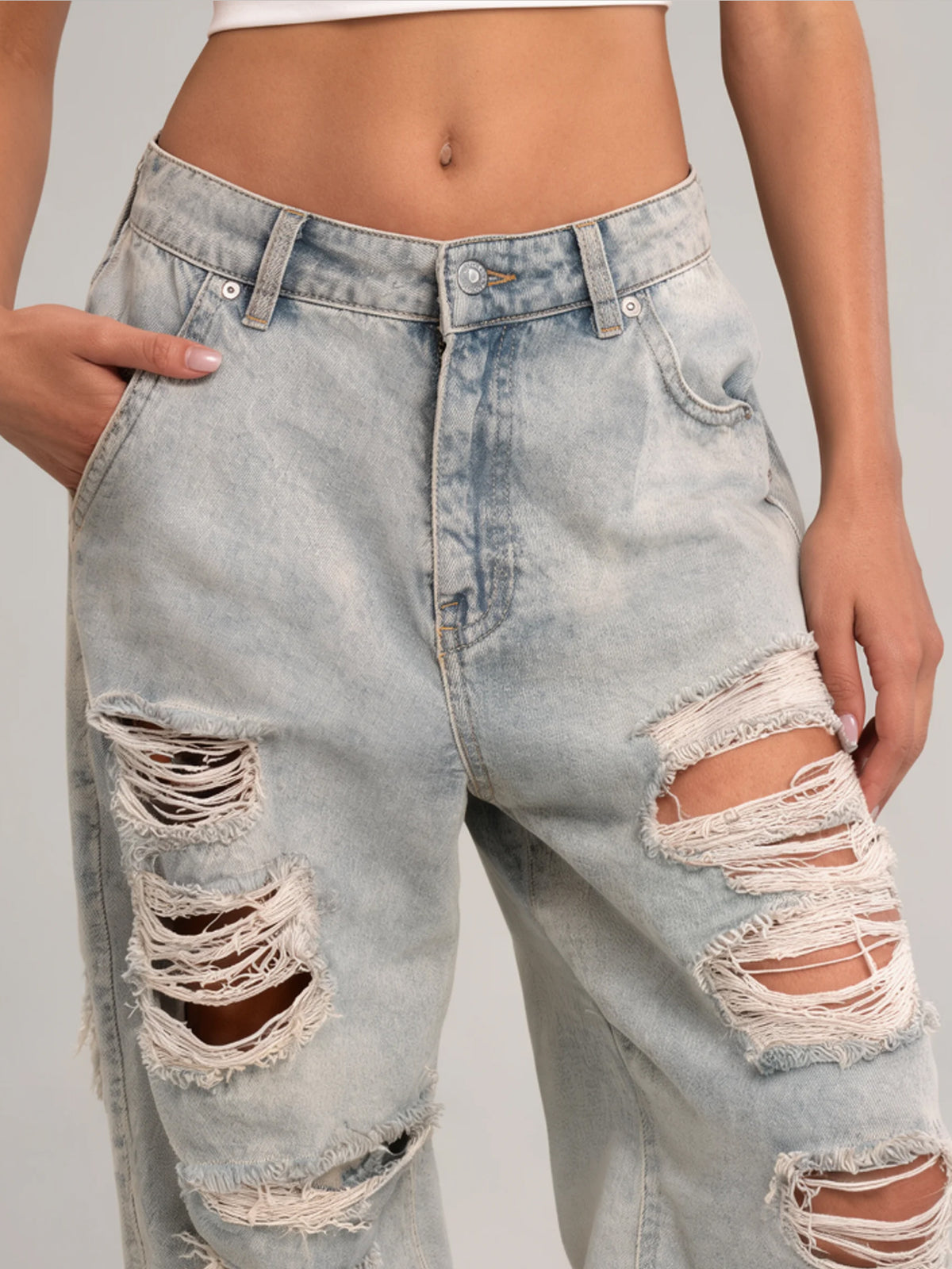 Riley | Women's Light Wash Ripped Jeans | Wide Leg Distressed Front Full Length for Everyday Wear