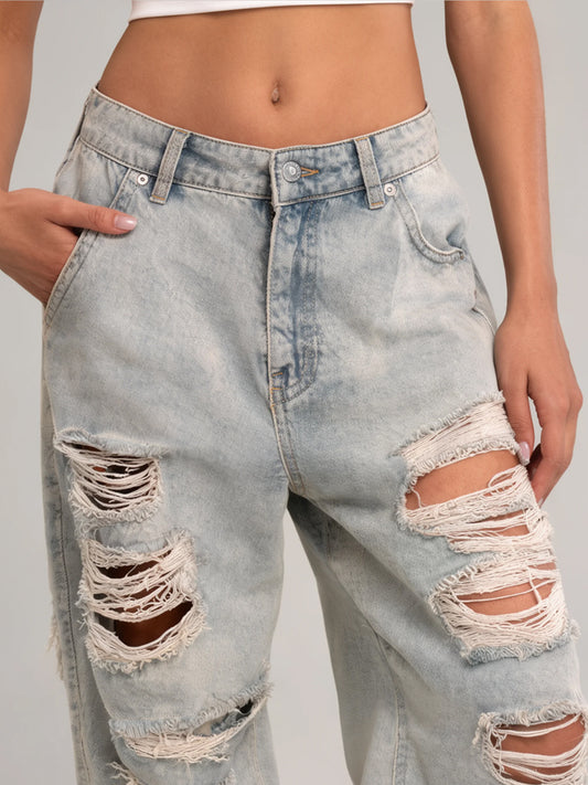 Riley | Women's Light Wash Ripped Jeans | Wide Leg Distressed Front Full Length for Everyday Wear