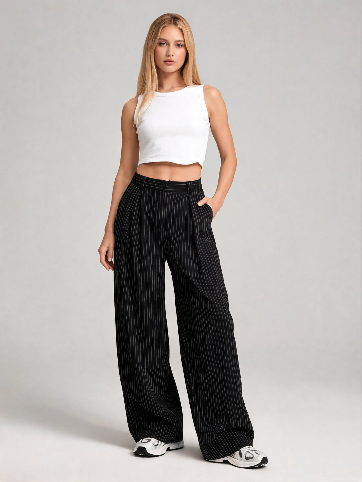 Monroe | Women's Pinstripe Wide Leg Pants | Pleated Front High Waist Full Length for Everyday Wear