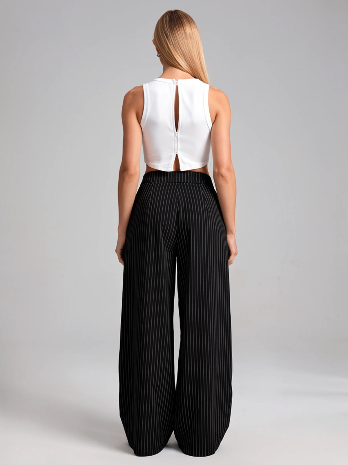 Monroe | Women's Pinstripe Wide Leg Pants | Pleated Front High Waist Full Length for Everyday Wear