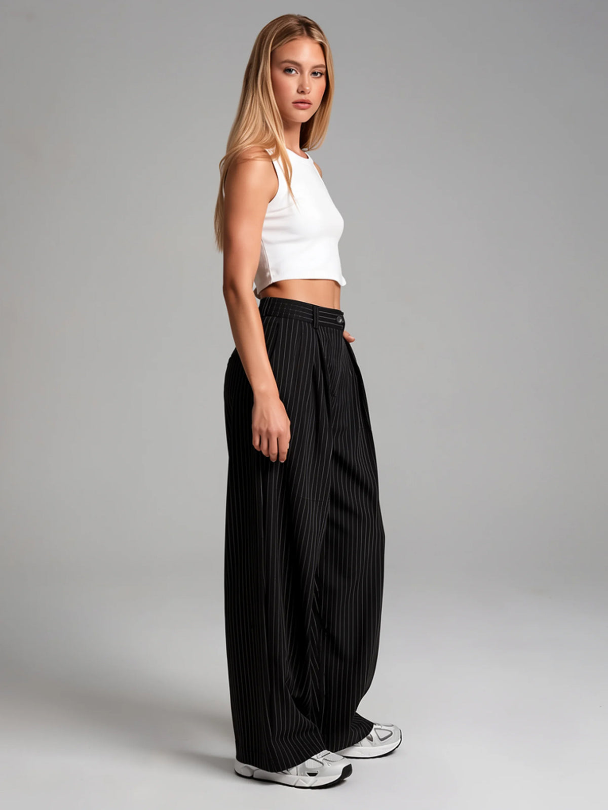 Monroe | Women's Pinstripe Wide Leg Pants | Pleated Front High Waist Full Length for Everyday Wear