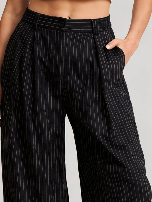 Monroe | Women's Pinstripe Wide Leg Pants | Pleated Front High Waist Full Length for Everyday Wear