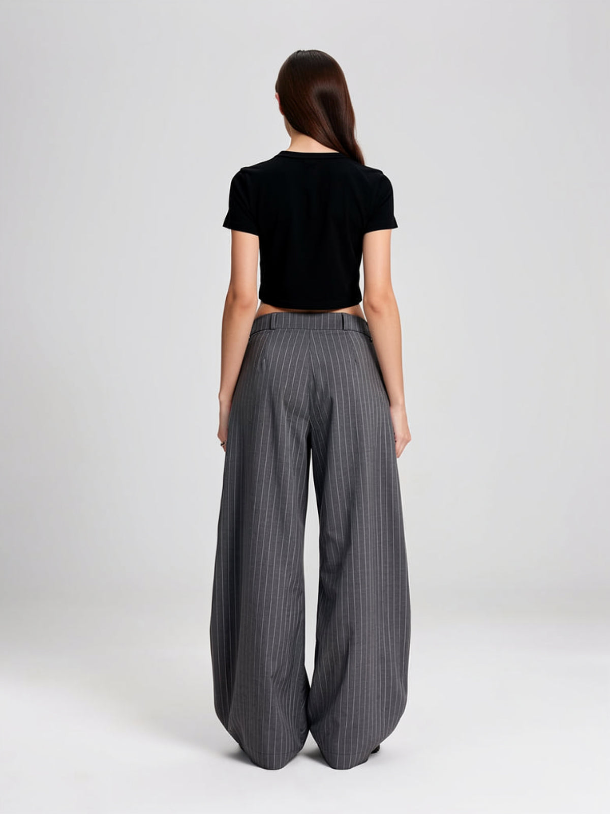 Harlow | Women's Gray Pinstripe Wide Leg Pants | Layered Front Panels Button Fastening Full Length for Everyday Wear
