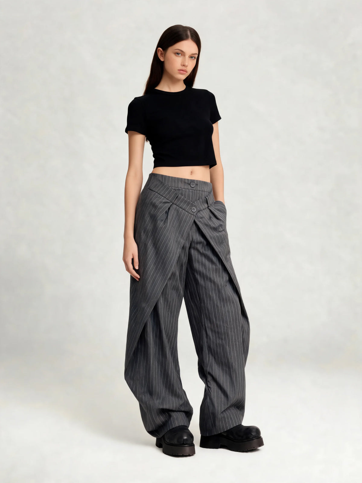 Harlow | Women's Gray Pinstripe Wide Leg Pants | Layered Front Panels Button Fastening Full Length for Everyday Wear