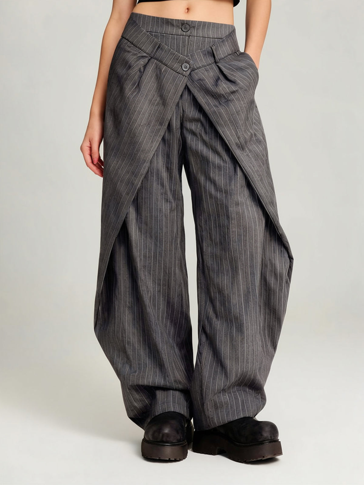 Harlow | Women's Gray Pinstripe Wide Leg Pants | Layered Front Panels Button Fastening Full Length for Everyday Wear
