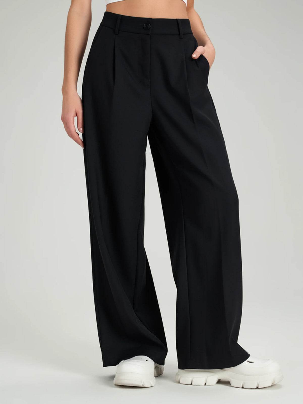 Everly | Women's Black Wide Leg Pants | Pleated Front High Waist Full Length for Office and Everyday Wear
